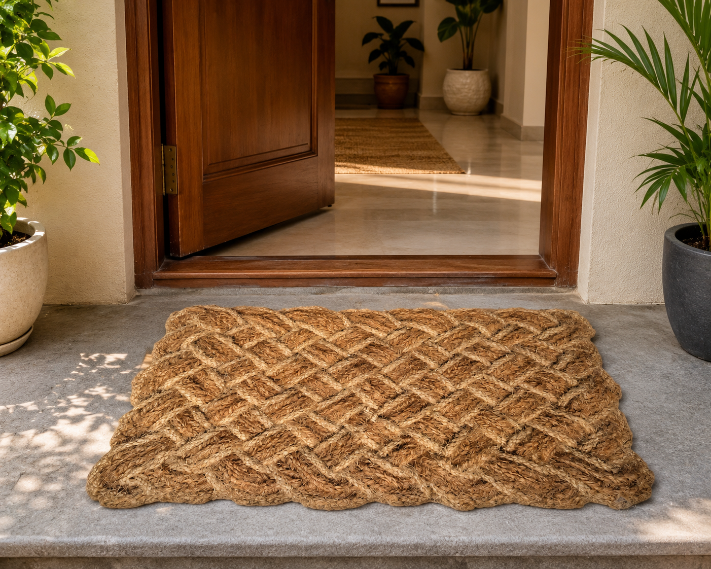 White Shaded Natural Lovers Knot Braided Handloom Coir Rope Mat