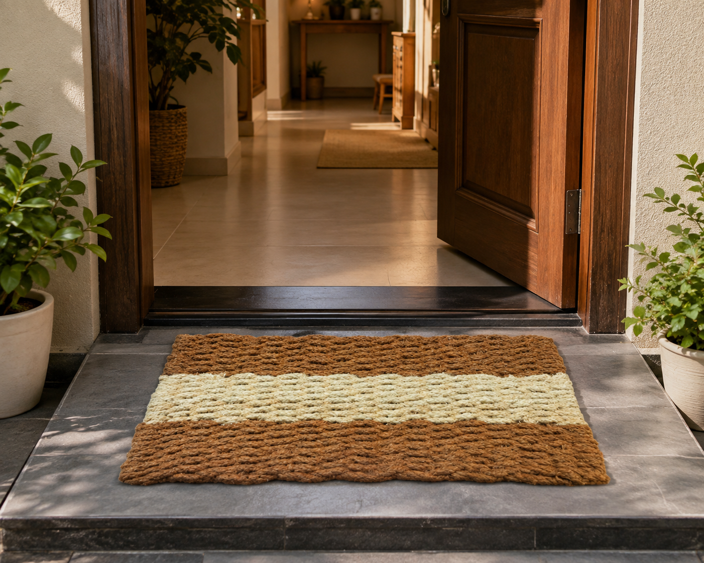 White Striped Handloom Coir Rope Knot Mat
