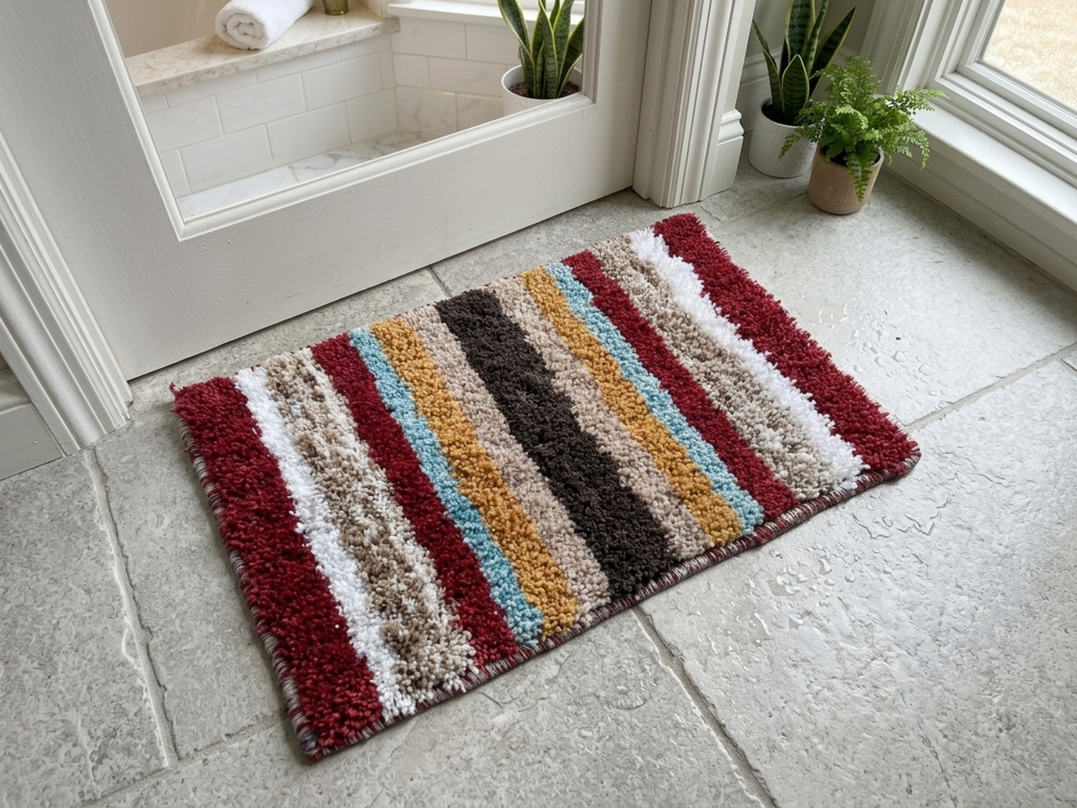 Red White Yellow Striped Microfiber Anti Skid Mat