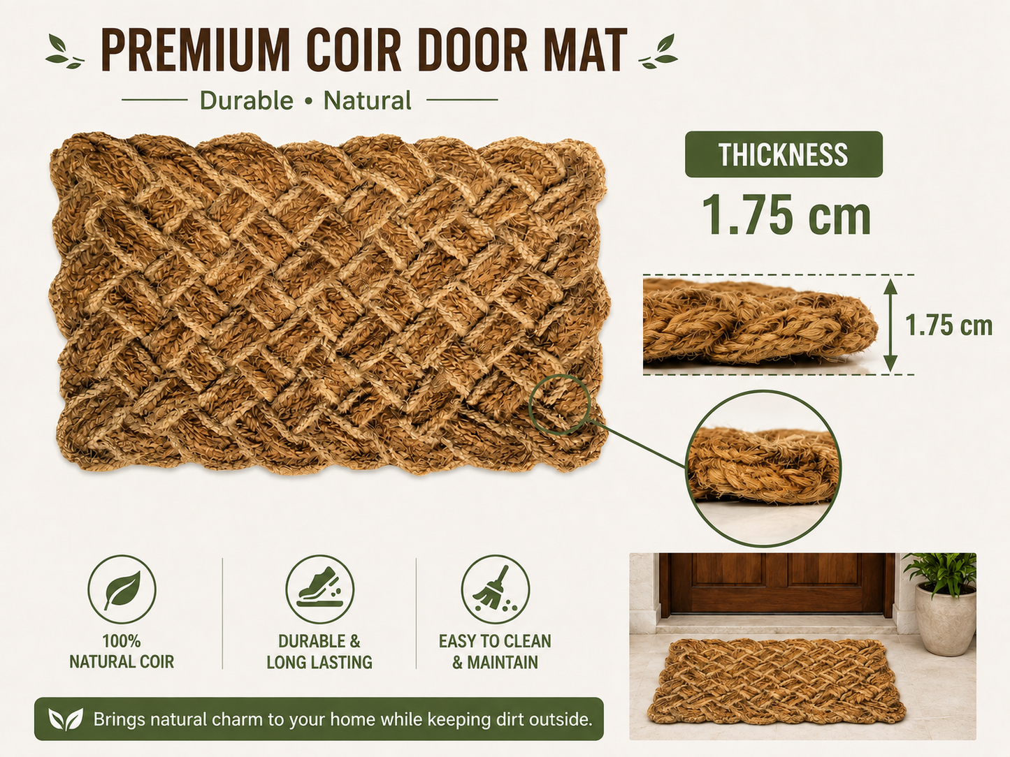 White Shaded Natural Lovers Knot Braided Handloom Coir Rope Mat