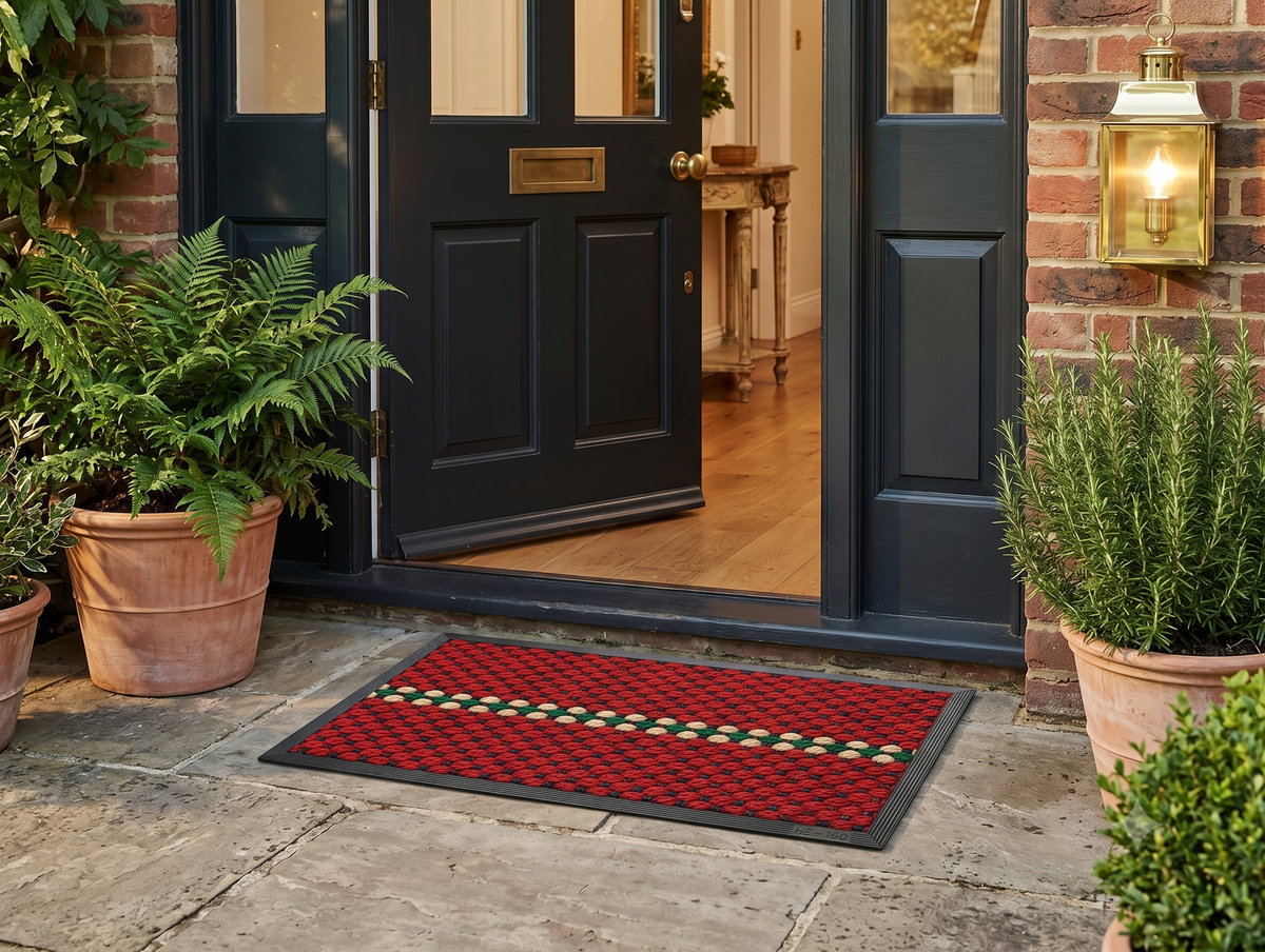 Red and Blue Striped Rubber and Coir Door Mat